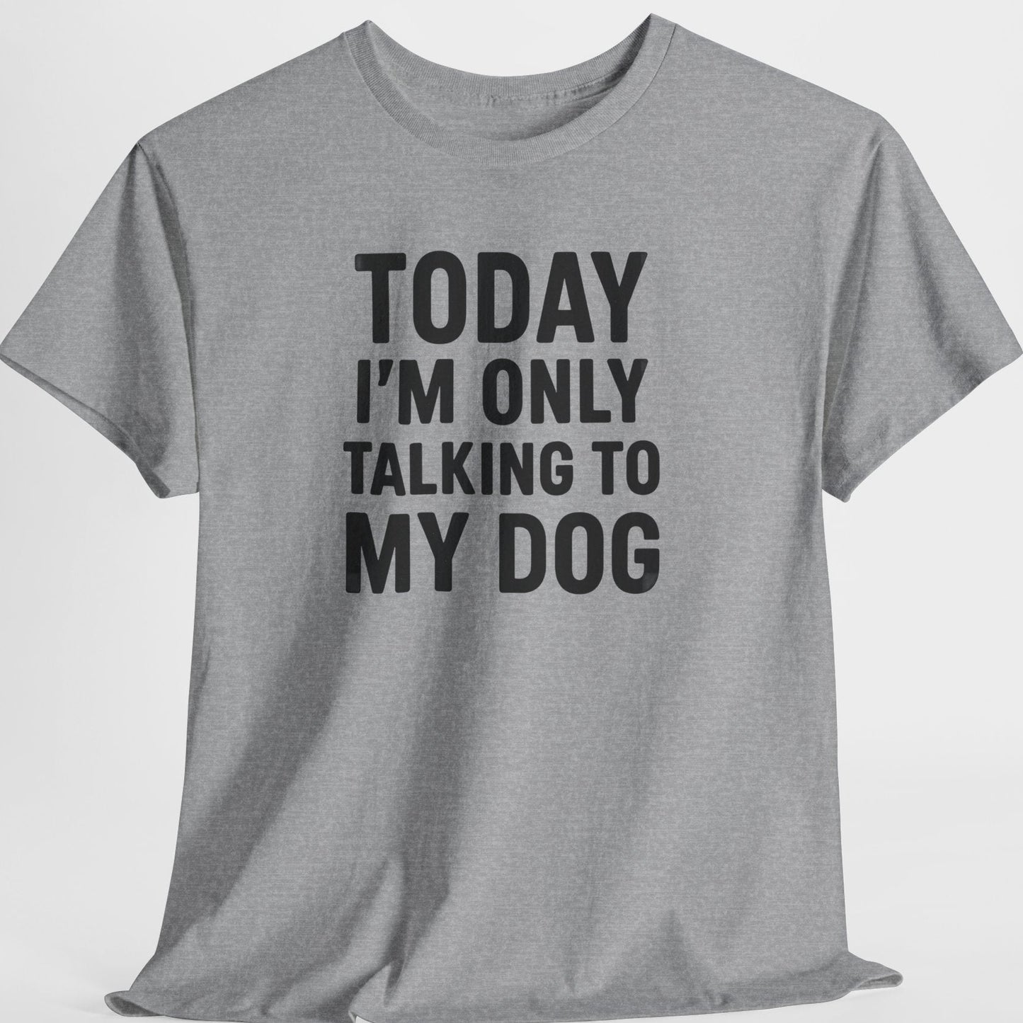 Gray t-shirt with black text 'Today I'm only talking to my dog' on a light gray background