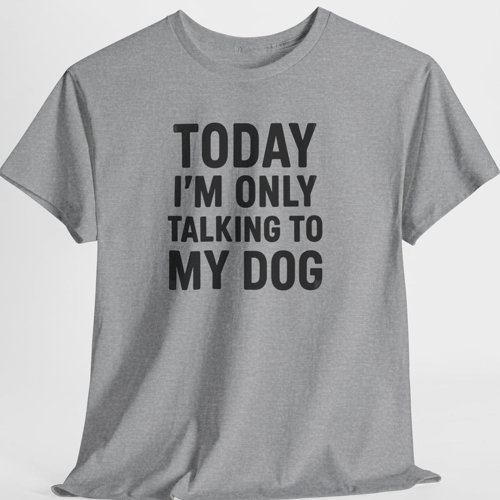 Gray t-shirt with black text 'Today I'm only talking to my dog' on a light gray background