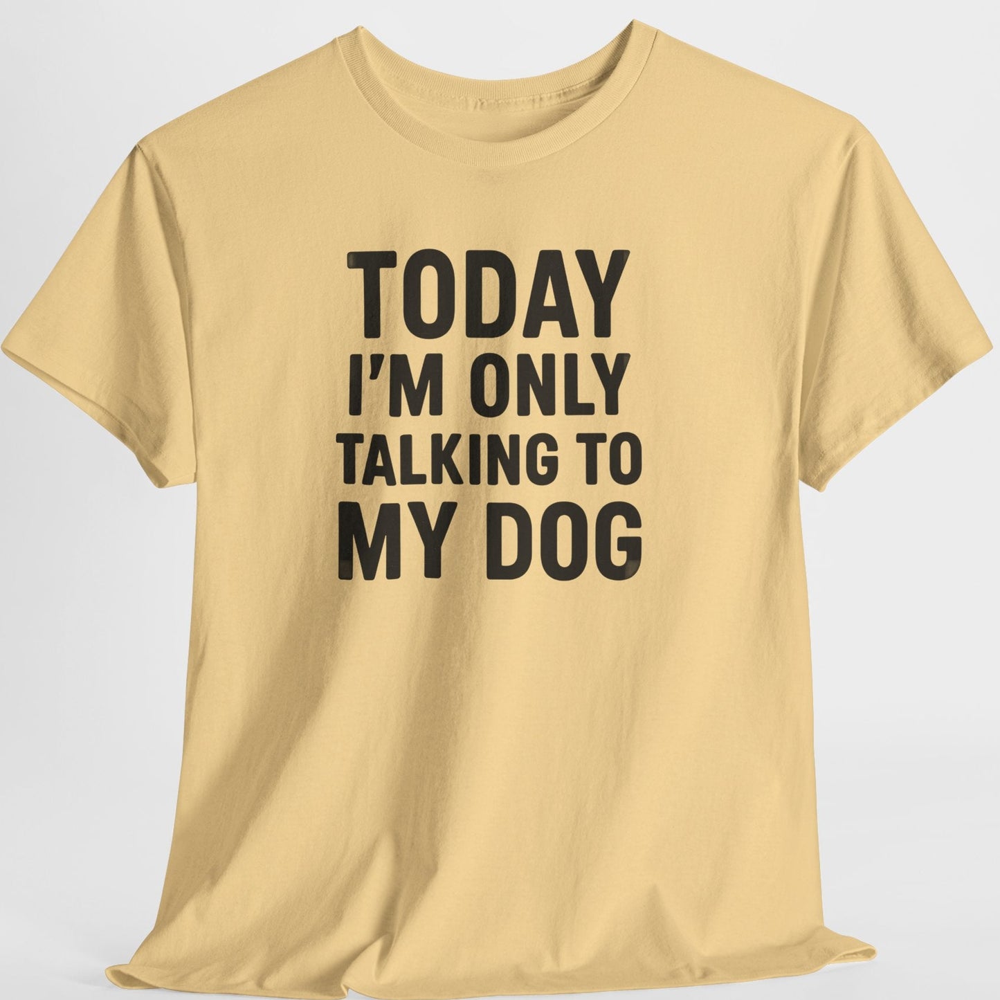 Beige t-shirt with black text 'TODAY I'M ONLY TALKING TO MY DOG' on a light gray background
